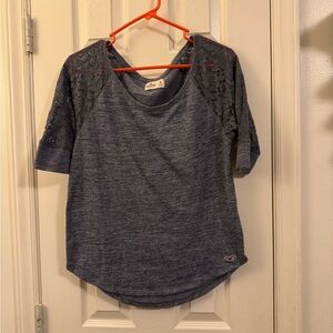 Hollister Women's Charcoal Lace Sleeve Tee